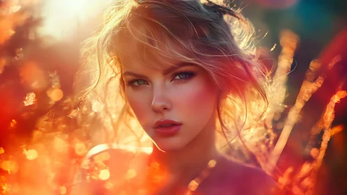 Luminous digital portrait amid blazing sunset bokeh glow.