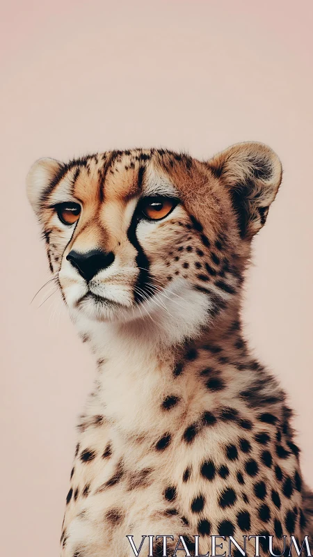 Cheetah portrait against soft pastel backdrop in profile view.