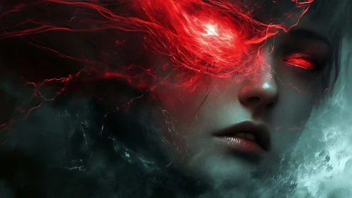 Humanlike face with red luminous eyes in dense mist.