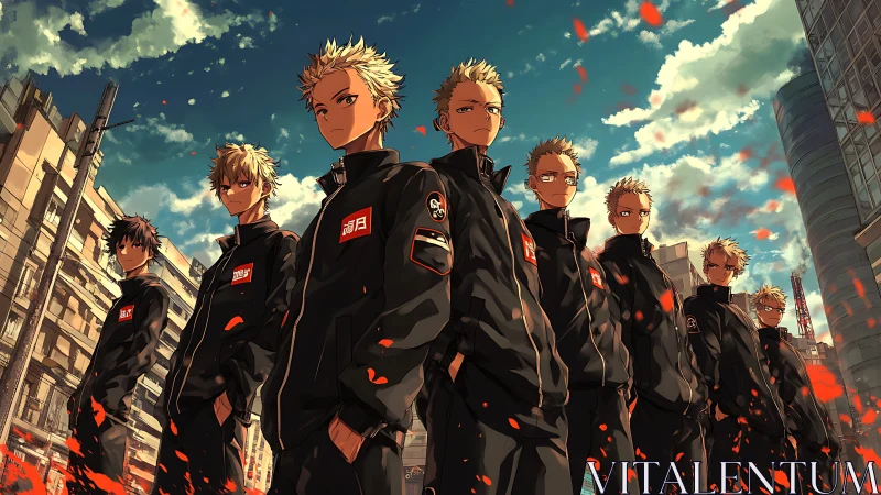Anime street gang lineup under dramatic urban sky.