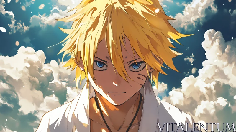 Storm-bright anime hero stands strong beneath blazing skies