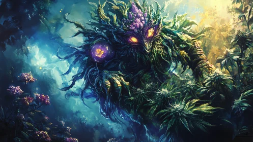 Plant-based humanoid figure advances through dense foliage