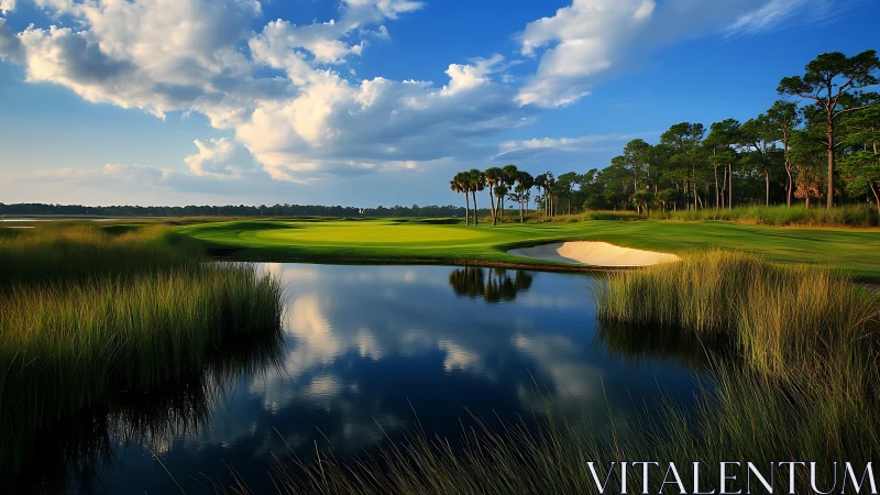 Coastal golf fairway, reflective water hazard, late daylight