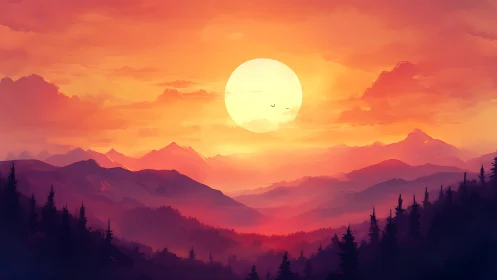 High-saturation alpine sunset with layered mountain silhouettes