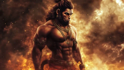 Radiant warrior deity standing strong in glowing embers.