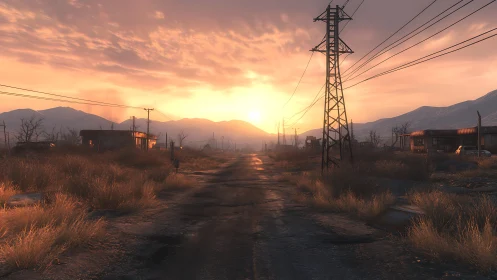 Sunset over derelict roadside powerlines, 3D atmospheric vista.