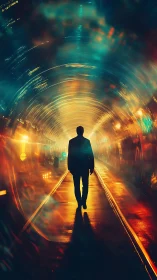 Luminous tunnel wanderer crossing a prismatic time corridor.