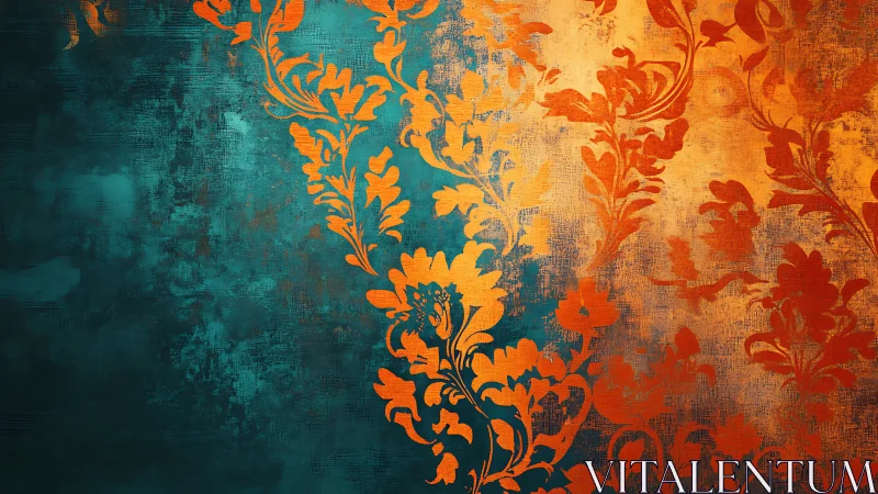 Teal and amber florals swirling across textured canvas.
