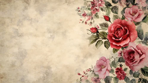 Vintage rose bouquet along distressed parchment edge.