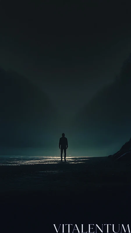 Silhouetted person stands on wet shoreline under dark sky