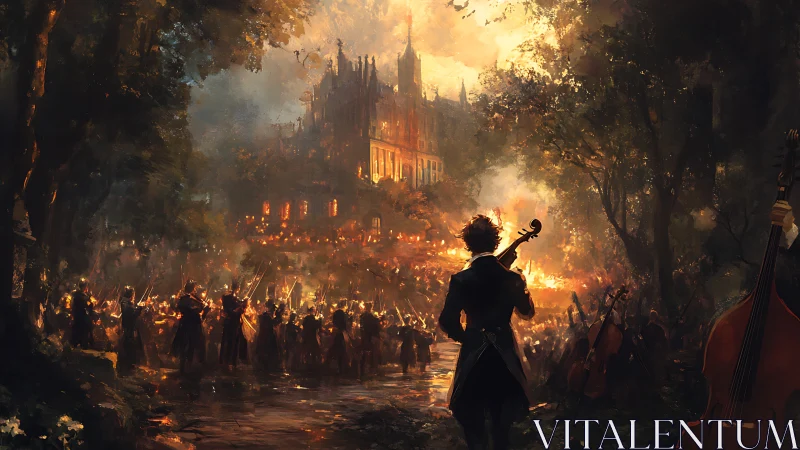 Orchestral procession advances toward a burning gothic castle