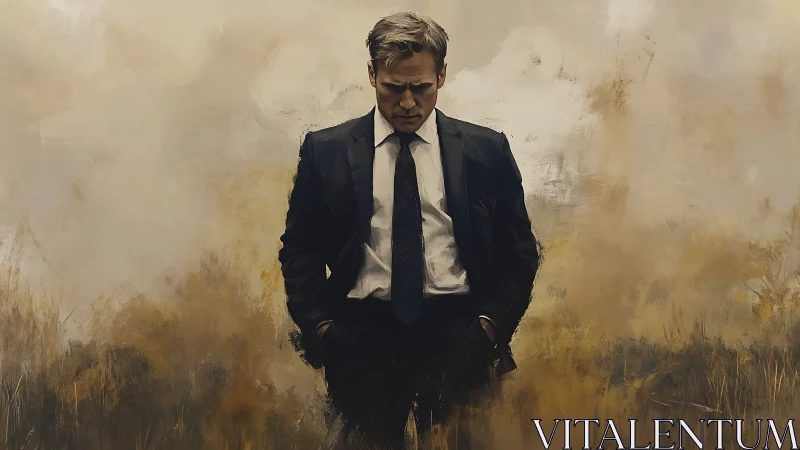 Solitary suited figure in desaturated, textured abstract landscape