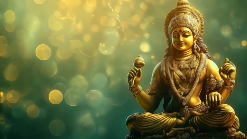 Golden multi-armed deity statue sits against bokeh field