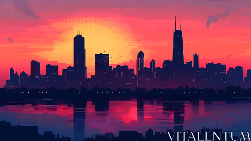 City skyline unwinds in soft neon light over calm water