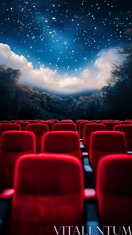 Cinema seats drift toward a sky that screens living stars