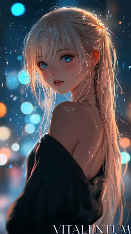 Rainlit city glimmers while a blue eyed muse quietly turns