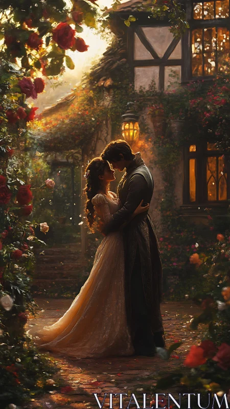 Romantic couple embraced in golden garden light with architectural backdrop and climbing roses.