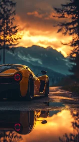 Yellow supercar reflects in wet mountain road at sunset