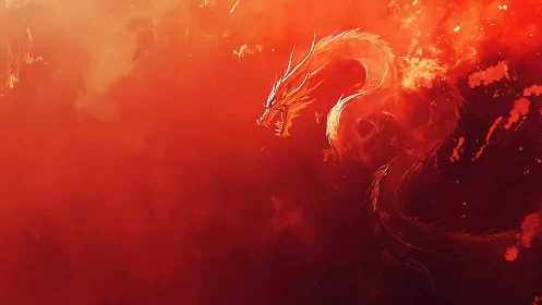 Digital painting of coiling fire dragon in infernal red space.