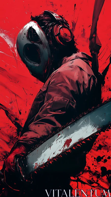 Masked chainsaw wanderer poised in bold crimson chaos.