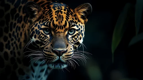 Spotted jaguar close-up in low light forest setting.