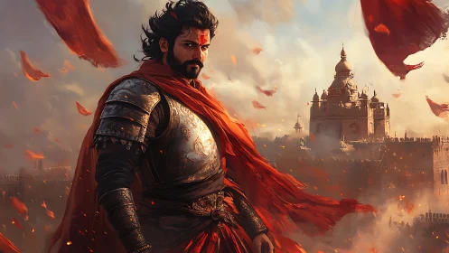 Armored warrior stands before fortified palace in red storm