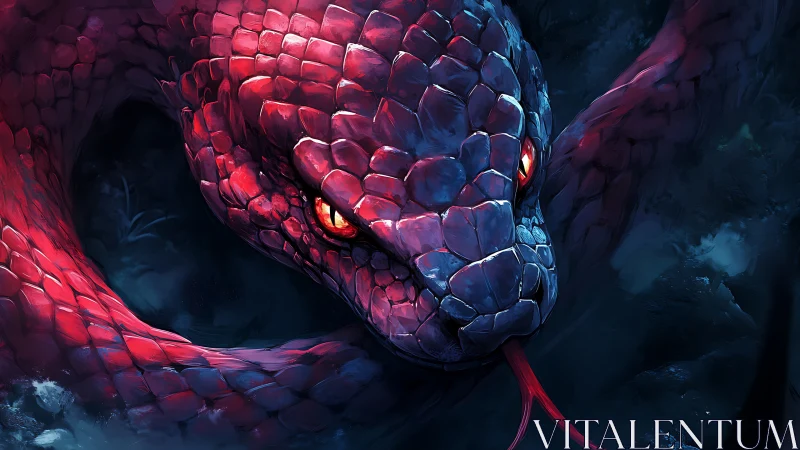 Crimson serpent guardian glows in the moonlit shadows.