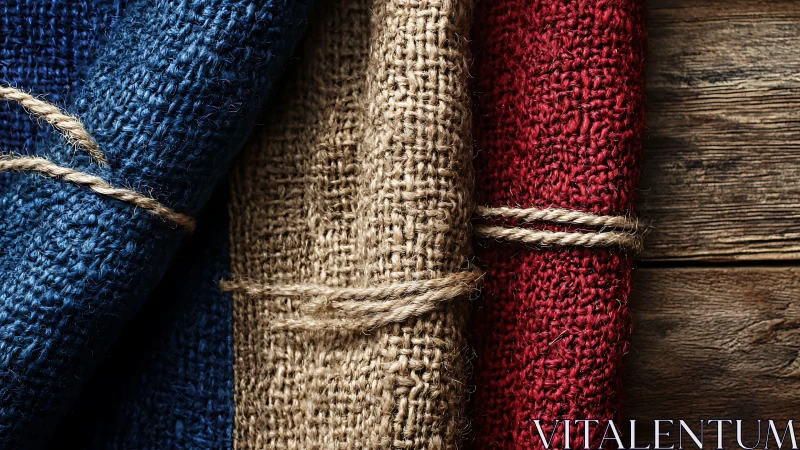 Contrasting burlap fabric rolls show fiber texture and rustic color