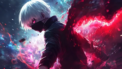Masked white haired figure with red energy in stormy void.