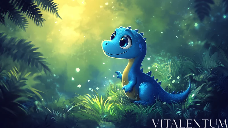 Cute blue baby dinosaur in glowing jungle clearing.