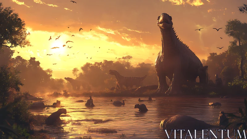Sunlit sauropods dominate a primeval wetland at golden hour