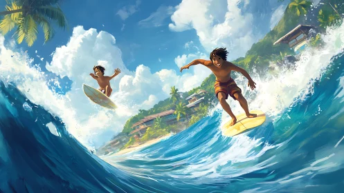 Dynamic tropical surf scene shows two youths carving bright waves