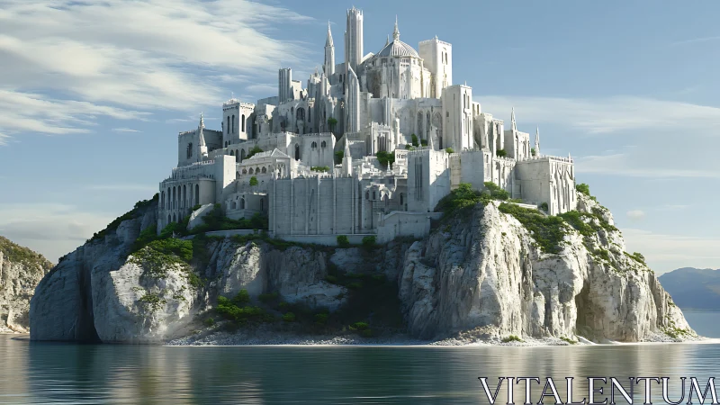 Monumental fantasy castle positioned atop dramatic limestone promontory over crystalline waters.
