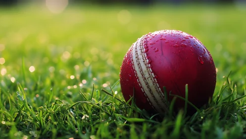 Red cricket ball on wet green grass in soft sunrise light.