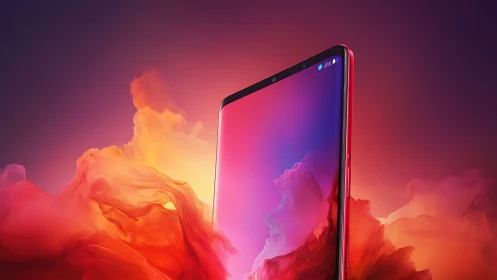 Smartphone displayed against swirling gradient cloud backdrop