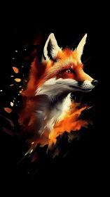 Fiery digital fox portrait on black background.