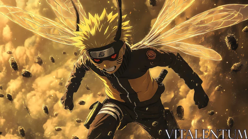 Blond anime warrior with insect wings in golden clouds.