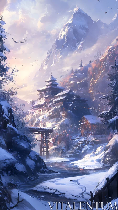 Snow-covered mountain village with tiered temple structures