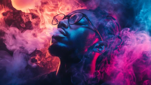 Neon clouds swirl around a serene face in vivid color haze.