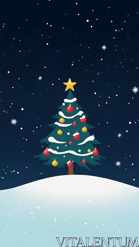 Snowy hill cradles a starlit Christmas tree in quiet glow