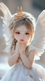 Gentle winged child in golden crown and glowing daydream.