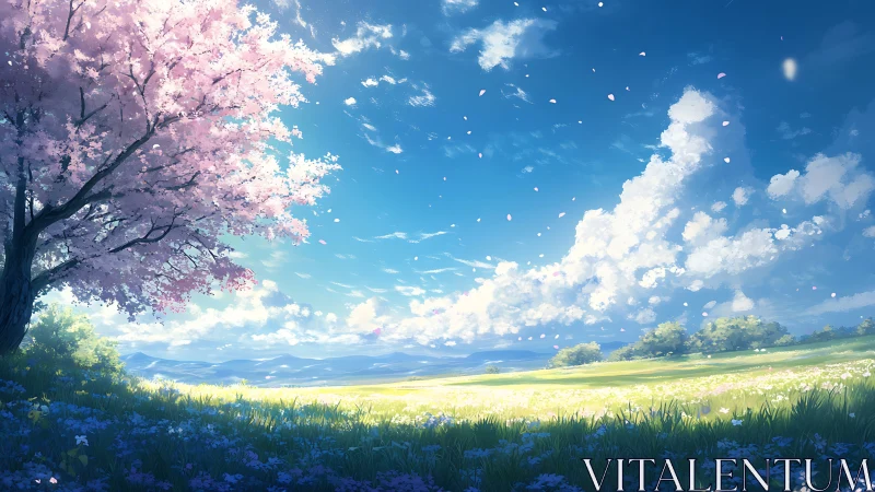 Wide-angle sakura field landscape with volumetric cloud lighting