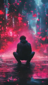Solitary figure in neon rain with vivid pink urban glow.