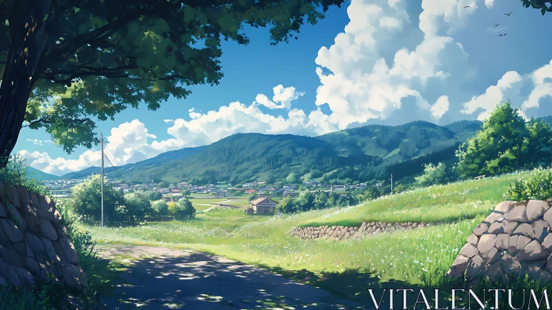 Sunlit country lane overlooking distant mountain village.