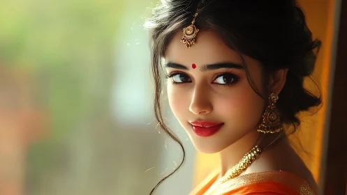 Photorealistic portrait of woman in traditional jewelry.