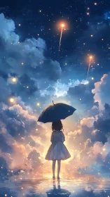 Backlit girl under umbrella amid luminous meteor skyscape.