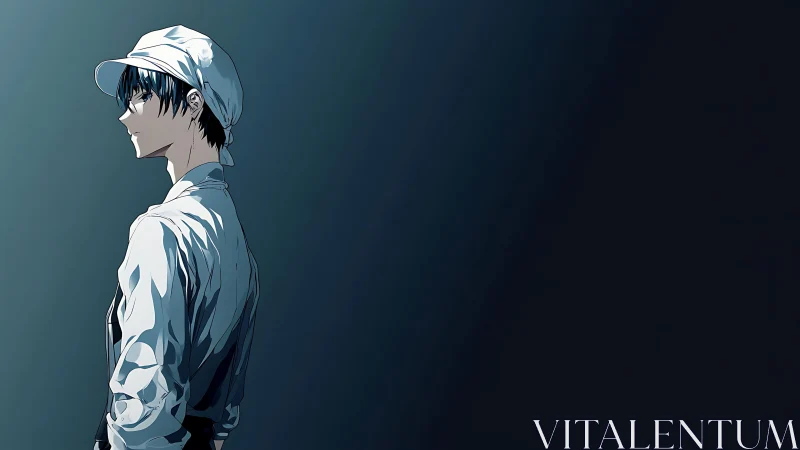 Solitary anime worker stands in cool blue shadows.