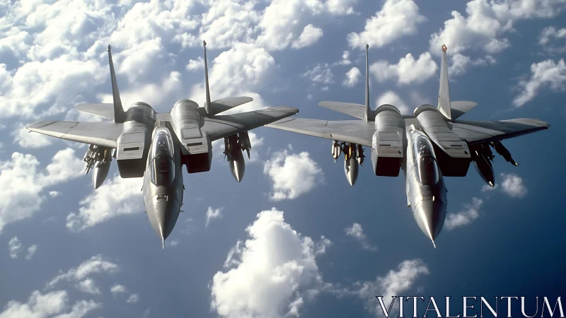 Twin steel hawks carve bright paths through scattered clouds.