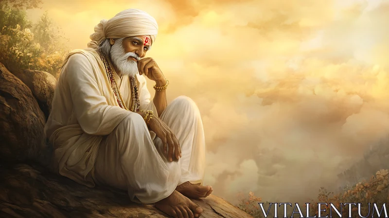 Meditative sage on sunlit cliff amid celestial clouds.
