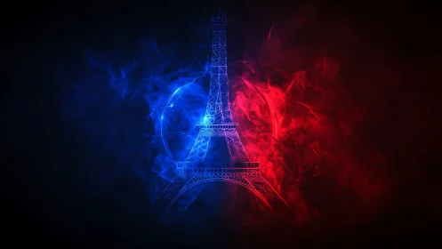 Eiffel Tower silhouette glows in blue and red smoke lighting